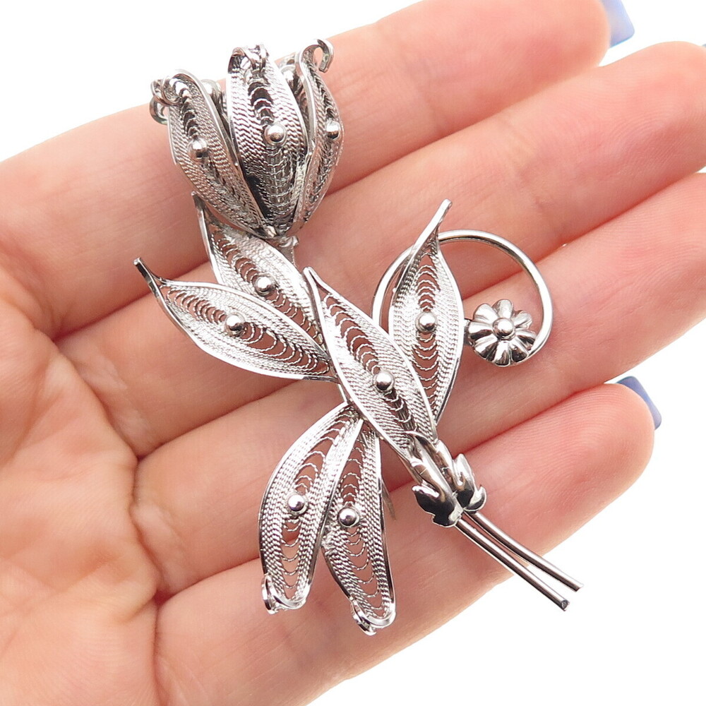 SORRENTO 925 Sterling Silver Vintage Tulip Flower Filigree Pin Brooch